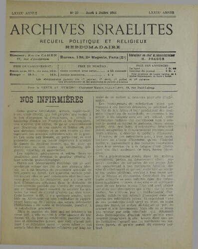 Archives israélites de France. Vol.79 N°27 (04 juil. 1918)